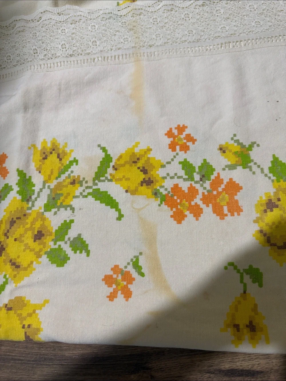 Vintage antique cross stitch fabric and lace yellow floral tablecloth 66x57